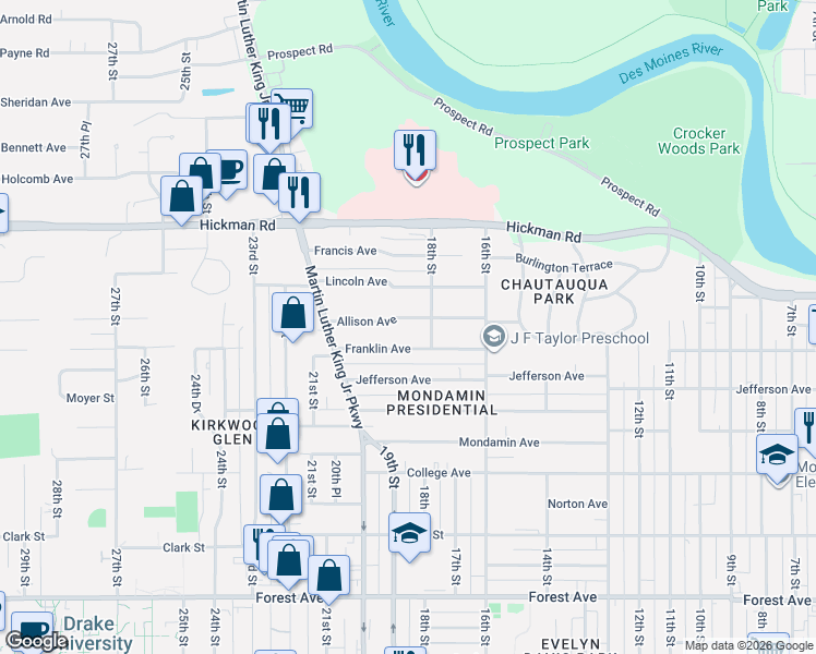 map of restaurants, bars, coffee shops, grocery stores, and more near 1819 Franklin Avenue in Des Moines