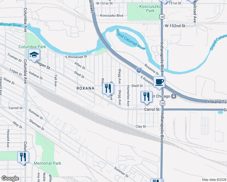 map of restaurants, bars, coffee shops, grocery stores, and more near 5621 Reading Avenue in East Chicago