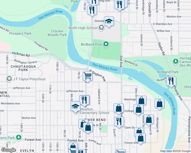 map of restaurants, bars, coffee shops, grocery stores, and more near 409 Franklin Avenue in Des Moines