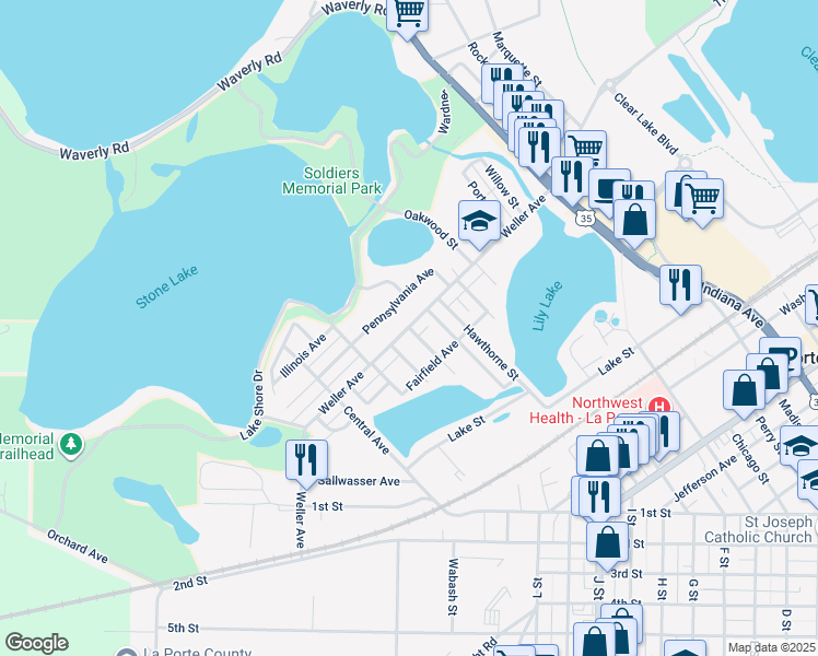 map of restaurants, bars, coffee shops, grocery stores, and more near 498 Montrose St in La Porte