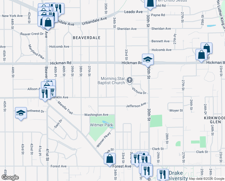 map of restaurants, bars, coffee shops, grocery stores, and more near 1901 34th Street in Des Moines