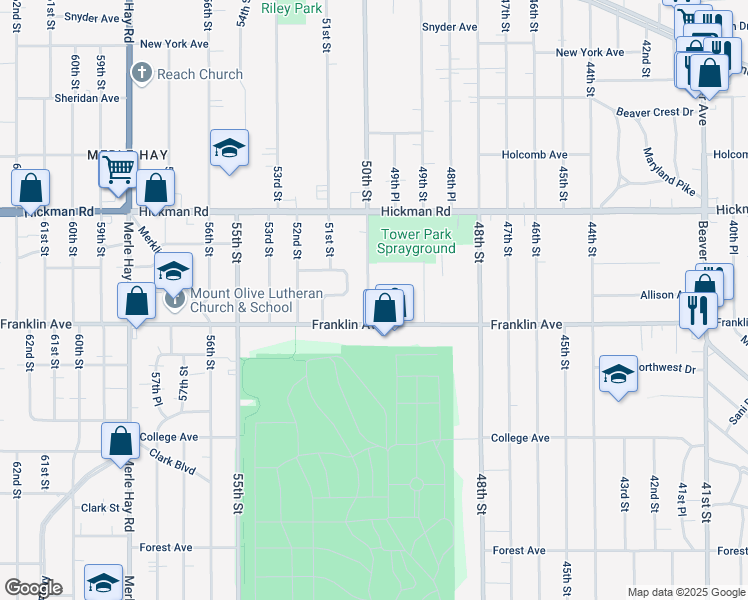 map of restaurants, bars, coffee shops, grocery stores, and more near 15 50th Street in Des Moines