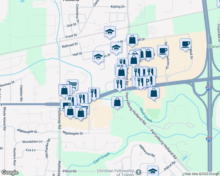 map of restaurants, bars, coffee shops, grocery stores, and more near 6910 Airport Highway in Holland