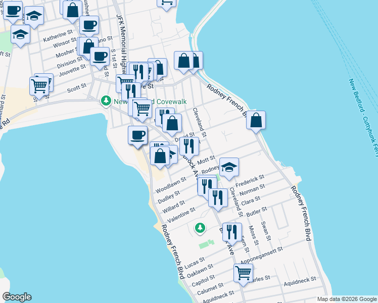 map of restaurants, bars, coffee shops, grocery stores, and more near 790 Brock Avenue in New Bedford