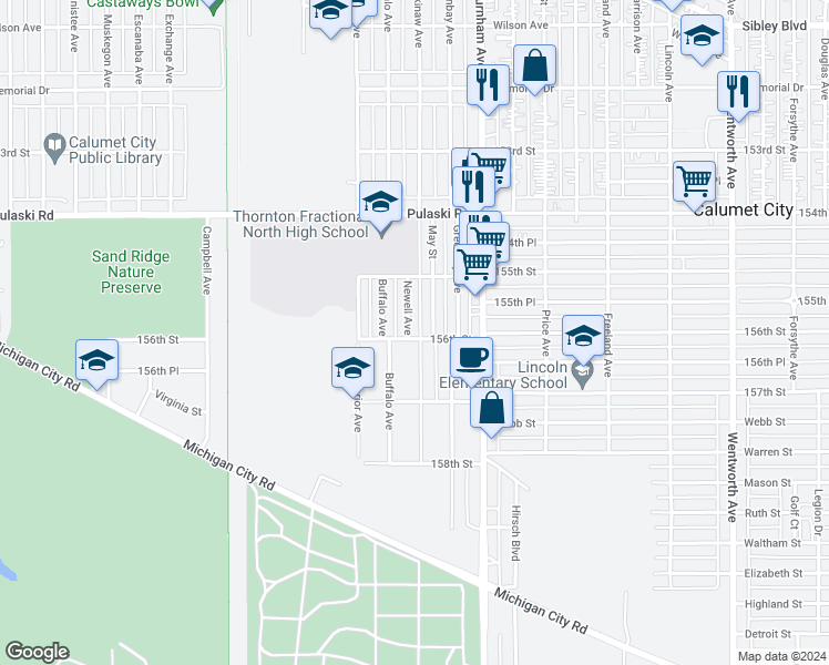 map of restaurants, bars, coffee shops, grocery stores, and more near 775 Newell Avenue in Calumet City