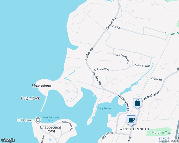 map of restaurants, bars, coffee shops, grocery stores, and more near 54 Quaker Road in Falmouth