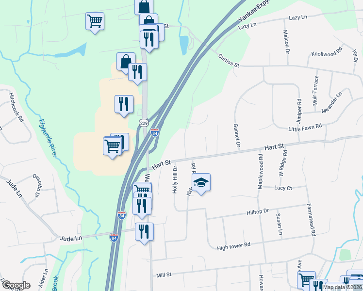 map of restaurants, bars, coffee shops, grocery stores, and more near 35 Russet Lane in Southington