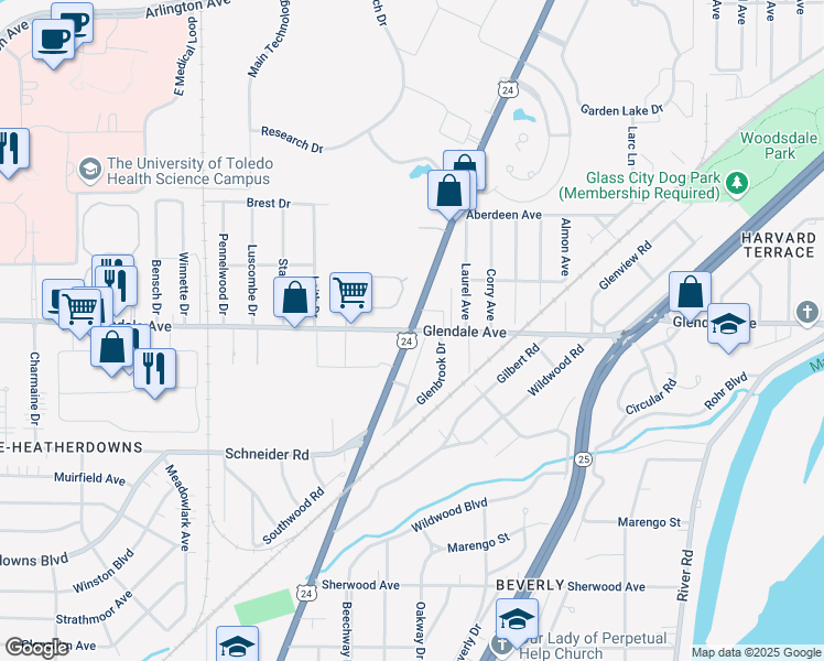 map of restaurants, bars, coffee shops, grocery stores, and more near S Detroit Ave & Glendale Ave in Toledo