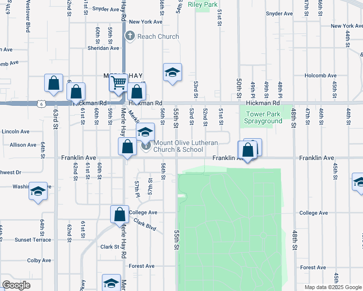 map of restaurants, bars, coffee shops, grocery stores, and more near 1901 55th Street in Des Moines