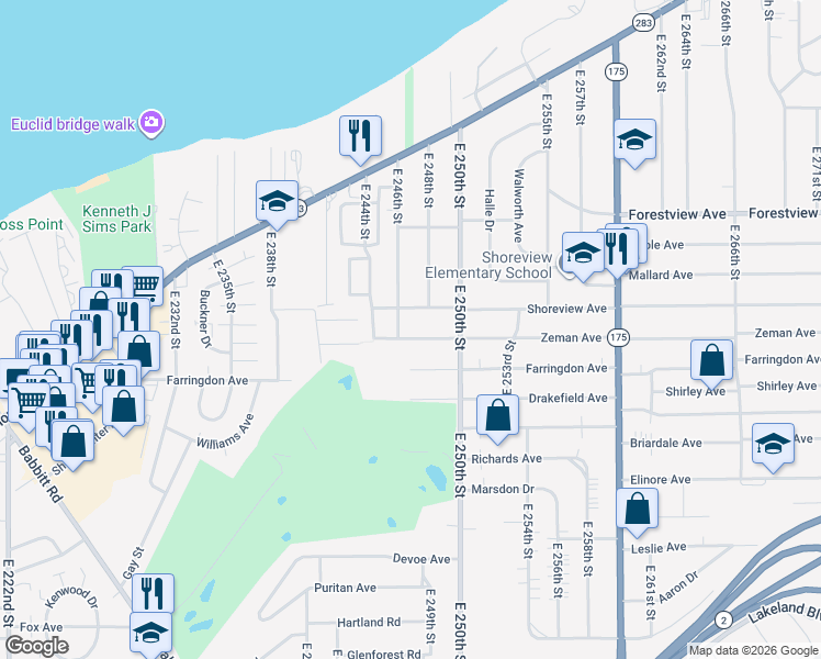 map of restaurants, bars, coffee shops, grocery stores, and more near 24731 Zeman Avenue in Euclid