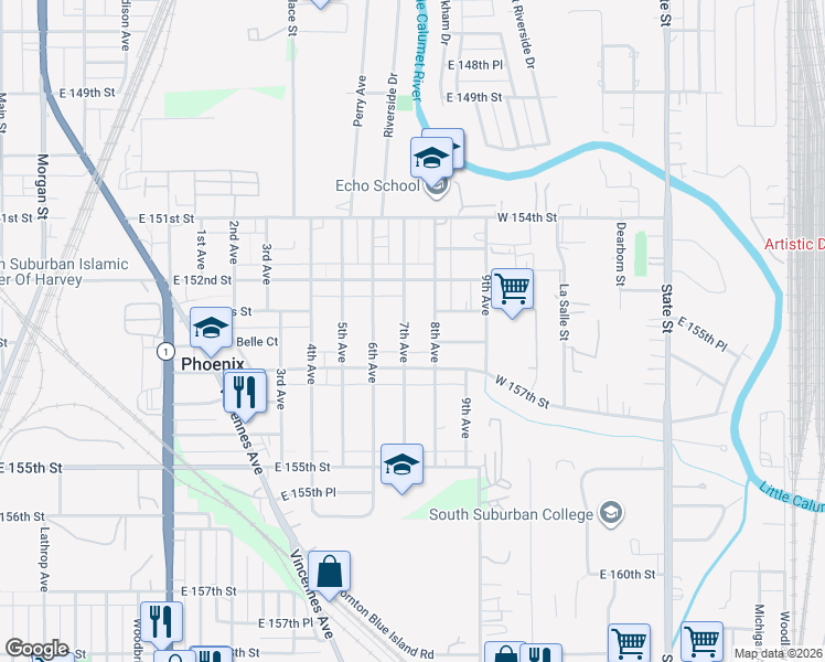 map of restaurants, bars, coffee shops, grocery stores, and more near 832 East 153rd Street in Phoenix
