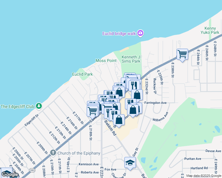 map of restaurants, bars, coffee shops, grocery stores, and more near 175 Noble Beach Drive in Euclid