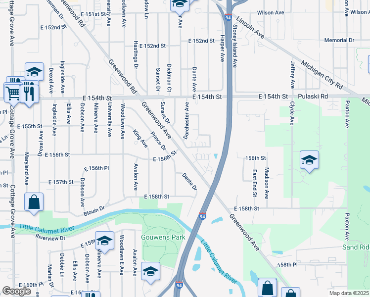 map of restaurants, bars, coffee shops, grocery stores, and more near 15611 Prince Drive in South Holland