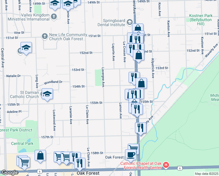 map of restaurants, bars, coffee shops, grocery stores, and more near 15411 Lavergne Avenue in Oak Forest