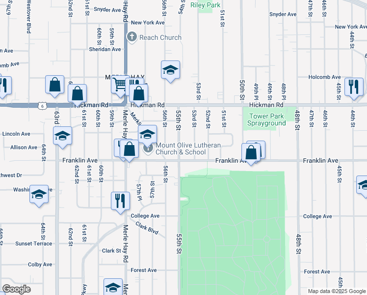 map of restaurants, bars, coffee shops, grocery stores, and more near 1901 55th Street in Des Moines
