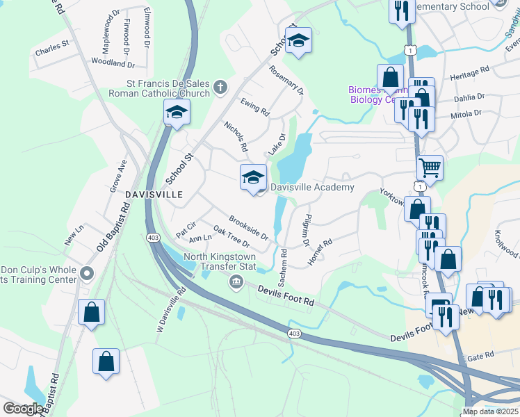 map of restaurants, bars, coffee shops, grocery stores, and more near 50 East Court in North Kingstown