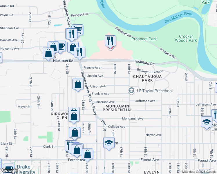 map of restaurants, bars, coffee shops, grocery stores, and more near 1819 Franklin Avenue in Des Moines