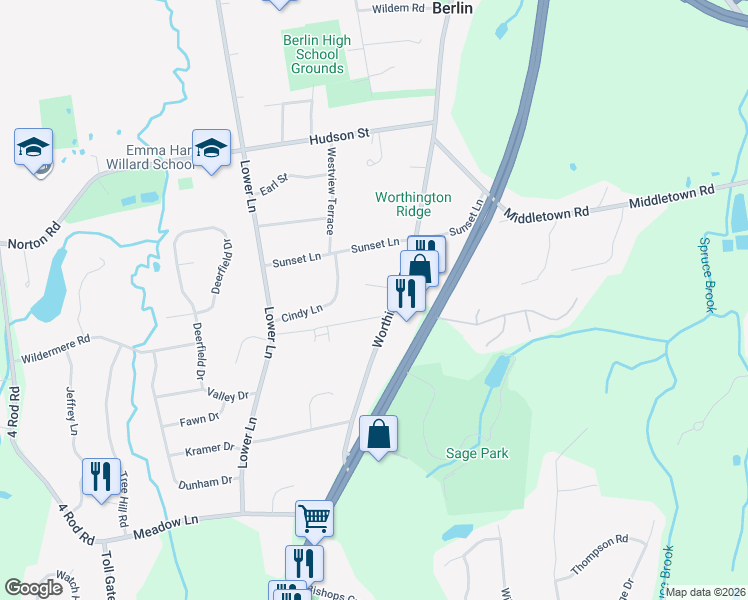 map of restaurants, bars, coffee shops, grocery stores, and more near 1175 Worthington Ridge in Berlin