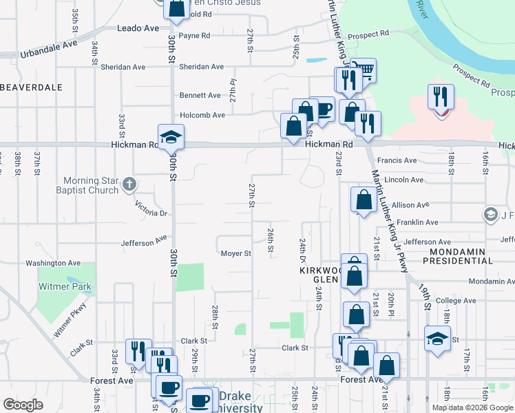 map of restaurants, bars, coffee shops, grocery stores, and more near 2523 Franklin Avenue in Des Moines