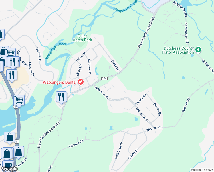 map of restaurants, bars, coffee shops, grocery stores, and more near 5 Wildwood Drive in Wappingers Falls