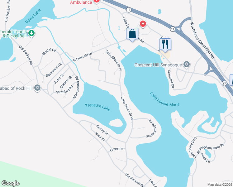 map of restaurants, bars, coffee shops, grocery stores, and more near 127 Lake Shore Drive West in Rock Hill