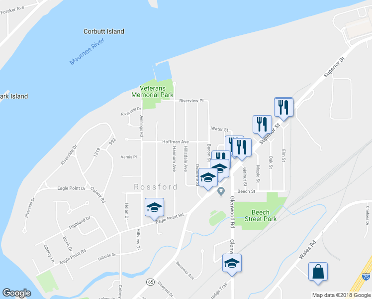 map of restaurants, bars, coffee shops, grocery stores, and more near 117 Hillsdale Avenue in Rossford