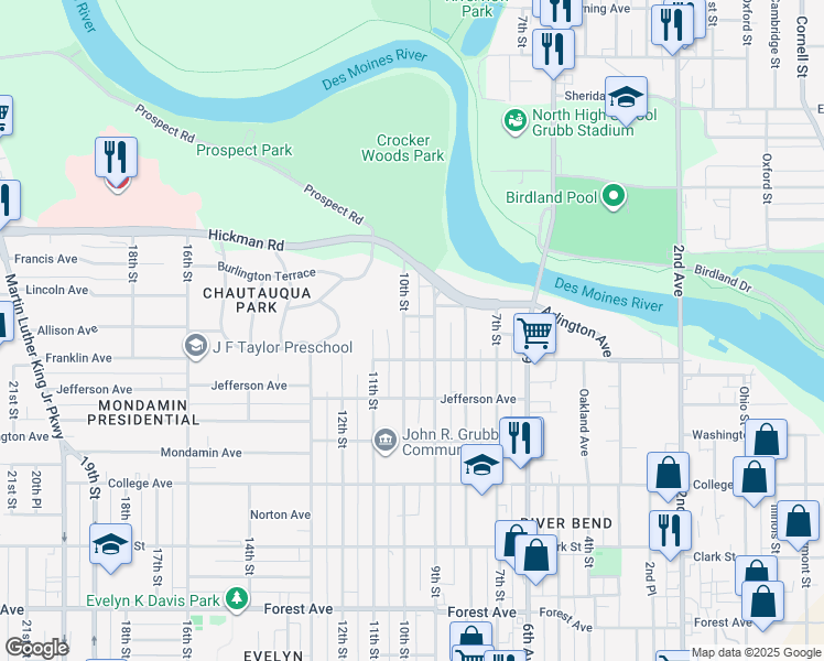 map of restaurants, bars, coffee shops, grocery stores, and more near 911 Franklin Avenue in Des Moines