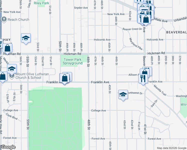 map of restaurants, bars, coffee shops, grocery stores, and more near 4719 Franklin Avenue in Des Moines