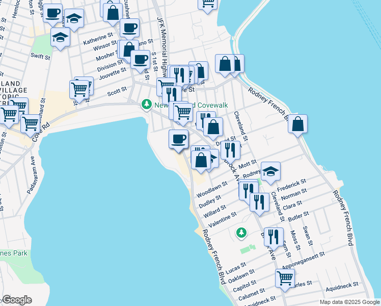 map of restaurants, bars, coffee shops, grocery stores, and more near 160 West Rodney French Boulevard in New Bedford