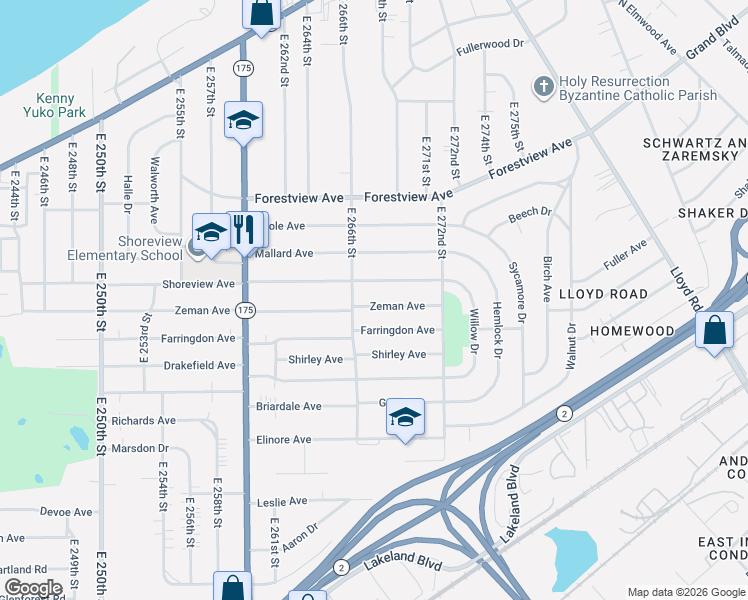 map of restaurants, bars, coffee shops, grocery stores, and more near 655 East 266th Street in Euclid