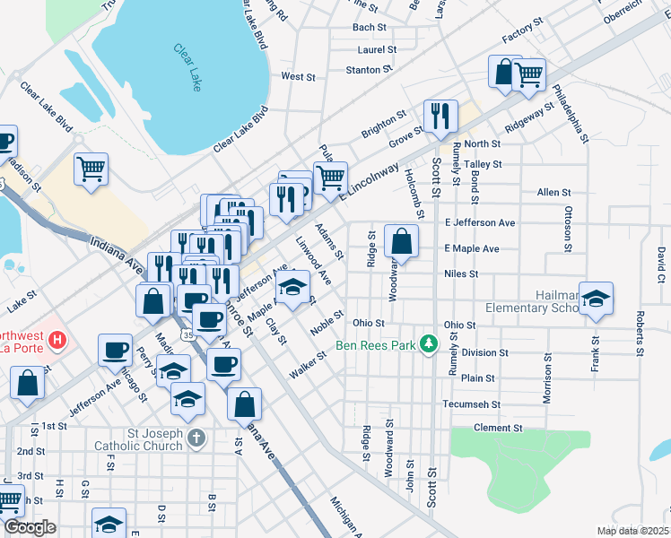 map of restaurants, bars, coffee shops, grocery stores, and more near 201 Harrison Street in La Porte
