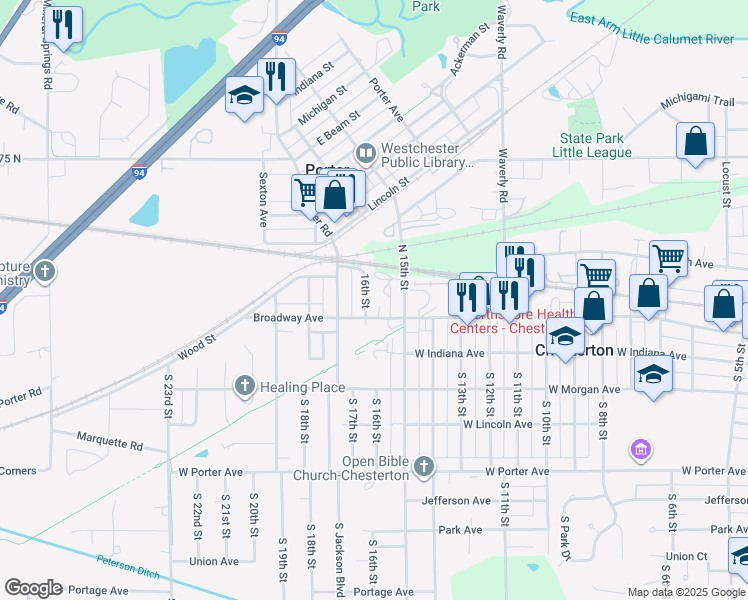 map of restaurants, bars, coffee shops, grocery stores, and more near 1611 Broadway in Chesterton