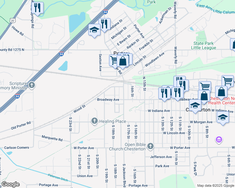 map of restaurants, bars, coffee shops, grocery stores, and more near 1715 Broadway in Chesterton