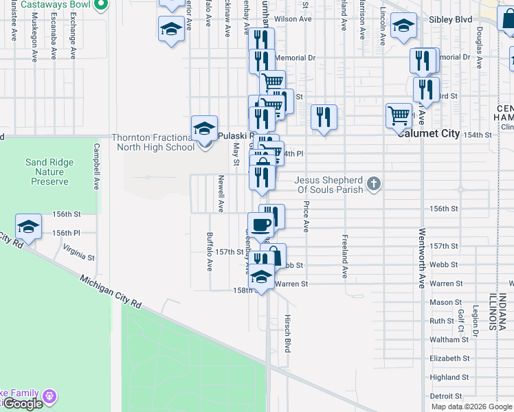 map of restaurants, bars, coffee shops, grocery stores, and more near 784 Burnham Avenue in Calumet City