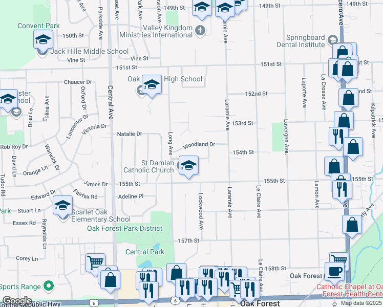 map of restaurants, bars, coffee shops, grocery stores, and more near 5335A Diamond Drive in Oak Forest