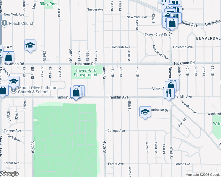 map of restaurants, bars, coffee shops, grocery stores, and more near 4719 Franklin Avenue in Des Moines