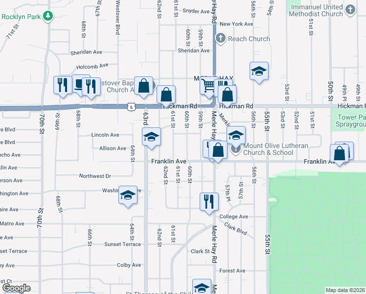 map of restaurants, bars, coffee shops, grocery stores, and more near 6007 Franklin Avenue in Des Moines
