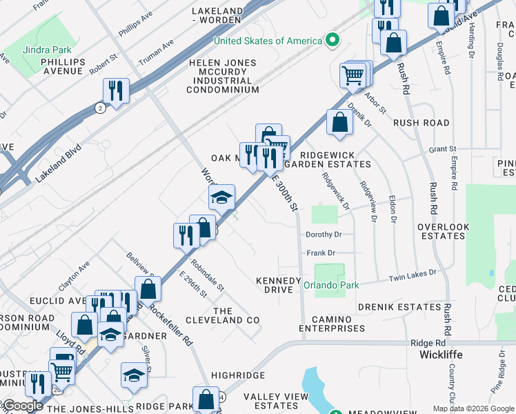map of restaurants, bars, coffee shops, grocery stores, and more near 29840 Euclid Avenue in Wickliffe