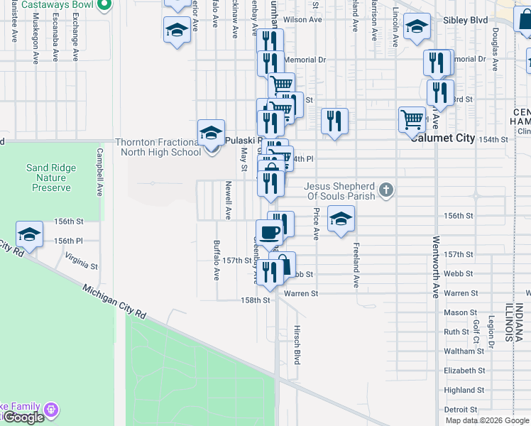 map of restaurants, bars, coffee shops, grocery stores, and more near 784 Burnham Avenue in Calumet City