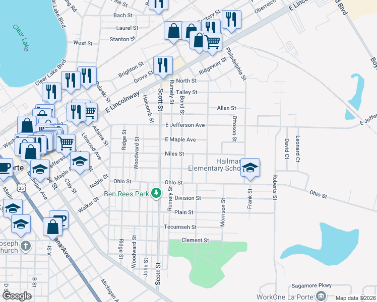 map of restaurants, bars, coffee shops, grocery stores, and more near 110 Sutherland Street in La Porte