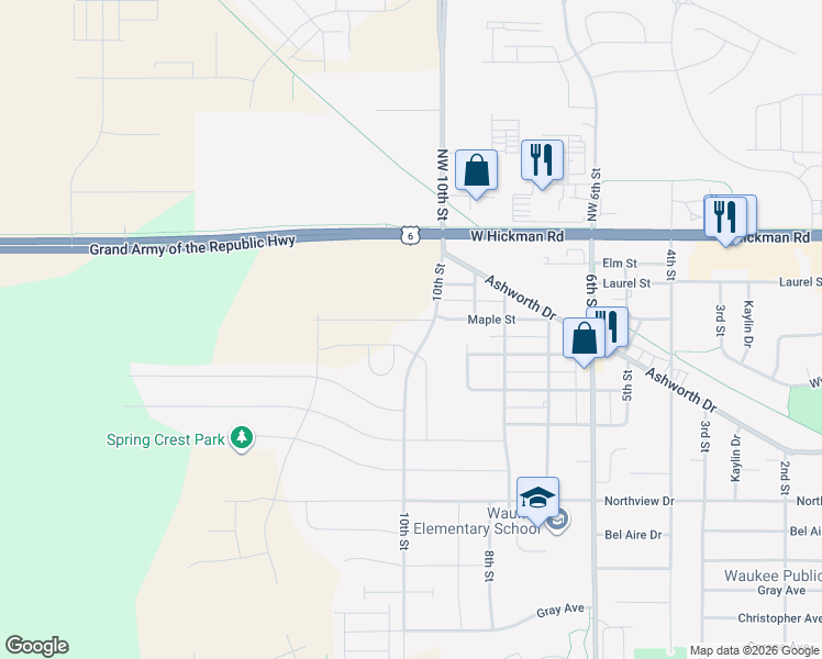 map of restaurants, bars, coffee shops, grocery stores, and more near 413 Spring Crest Lane in Waukee