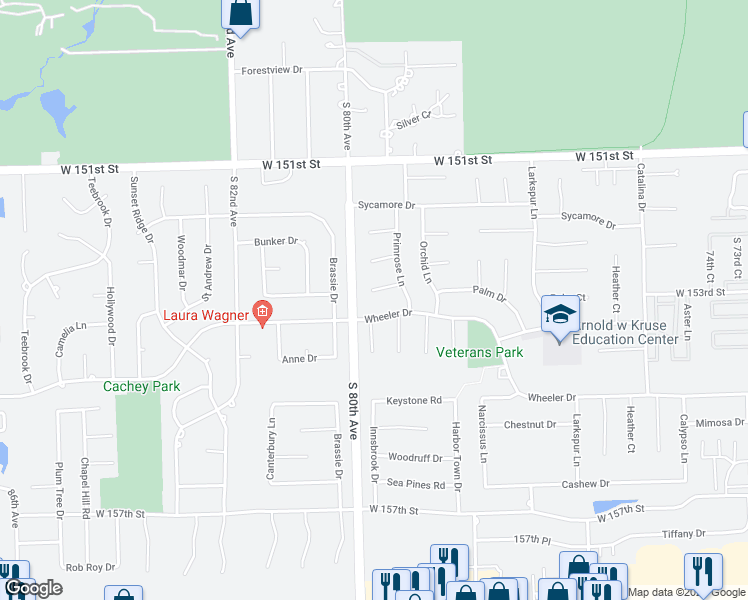 map of restaurants, bars, coffee shops, grocery stores, and more near 7943 Palm Court in Orland Park