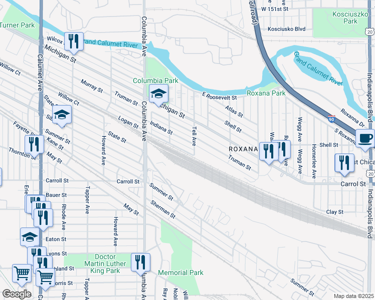 map of restaurants, bars, coffee shops, grocery stores, and more near 5501-56 State Street in Hammond