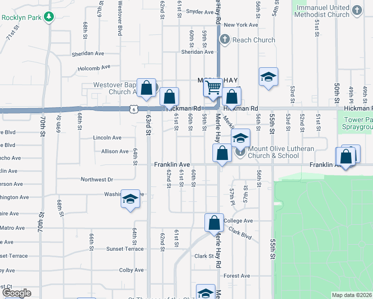map of restaurants, bars, coffee shops, grocery stores, and more near 6007 Franklin Avenue in Des Moines