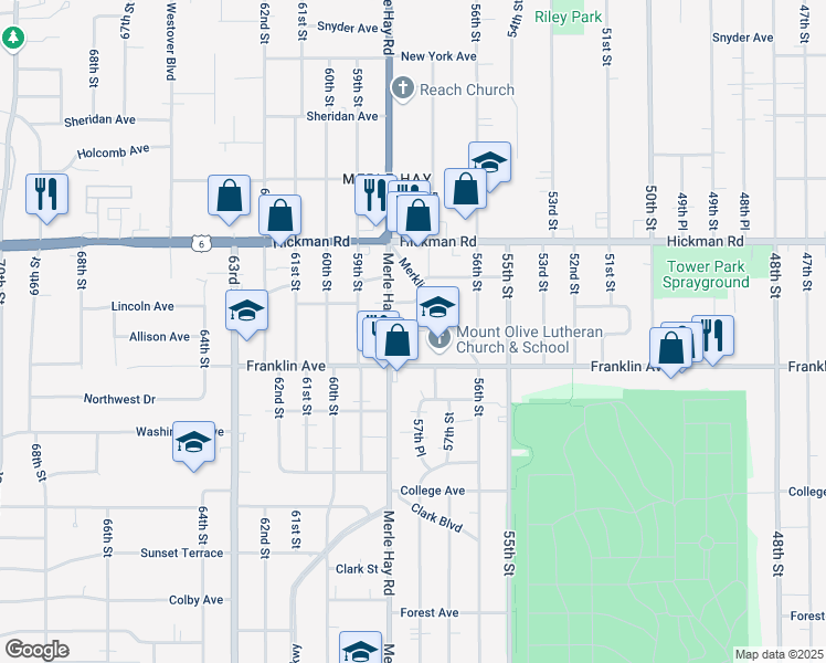 map of restaurants, bars, coffee shops, grocery stores, and more near 5734 Lincoln Avenue in Des Moines