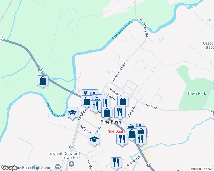 map of restaurants, bars, coffee shops, grocery stores, and more near 1 Hardenburg Road in Pine Bush
