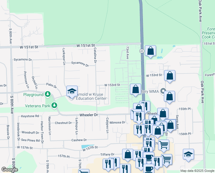 map of restaurants, bars, coffee shops, grocery stores, and more near 15418 Begonia Court in Orland Park