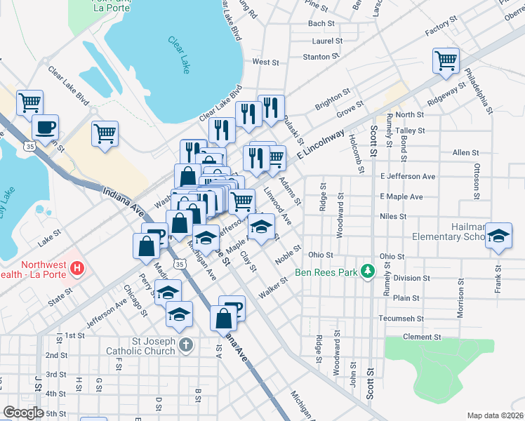 map of restaurants, bars, coffee shops, grocery stores, and more near 312 Jefferson Avenue in La Porte