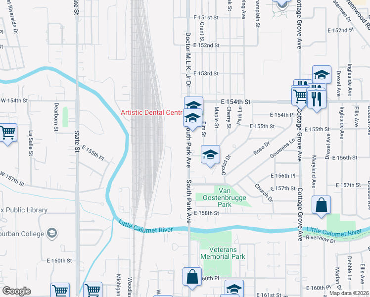 map of restaurants, bars, coffee shops, grocery stores, and more near 15542 South Park Avenue in South Holland
