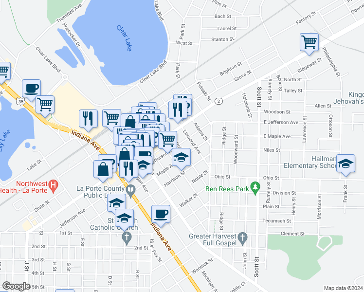 map of restaurants, bars, coffee shops, grocery stores, and more near 312 East Jefferson Avenue in La Porte